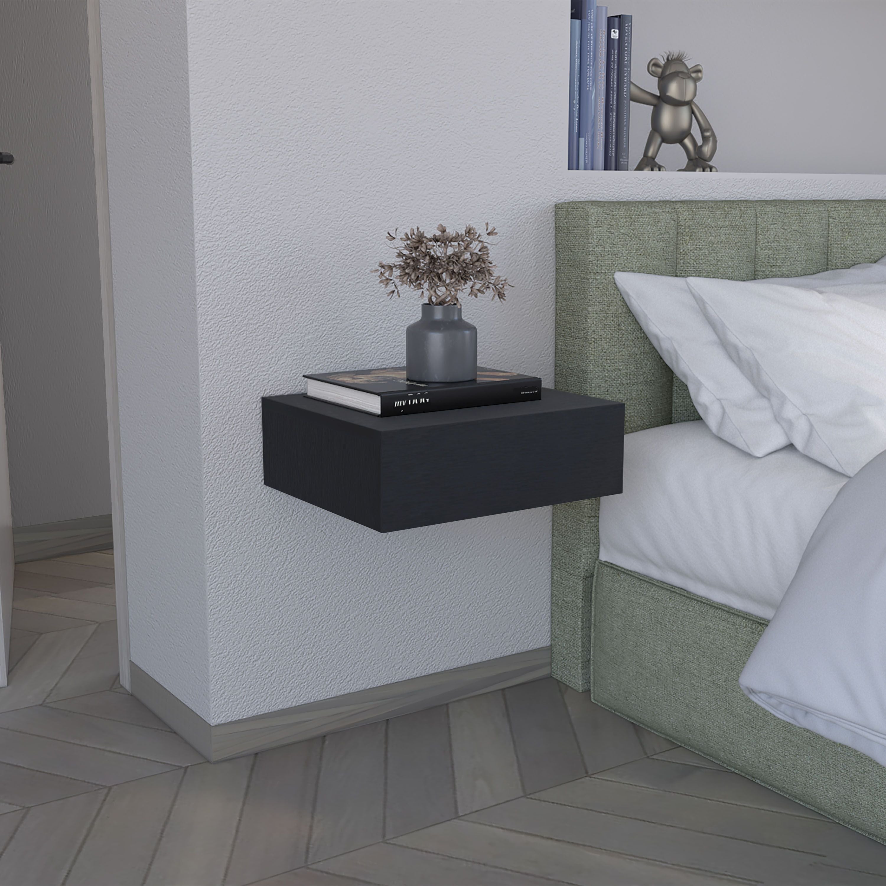 Depot E-Shop Ivor Floating Nightstand, Modern Wall-Mounted Bedside Shelf With Drawer, 5" H, Black, Bedroom